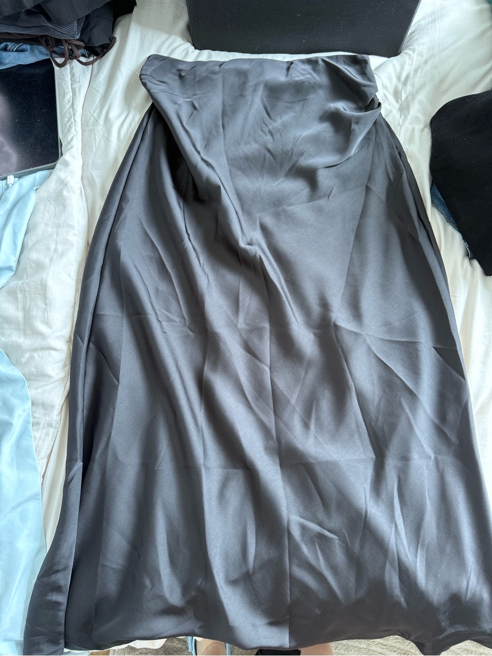 Silky Black Satin Midi Skirt